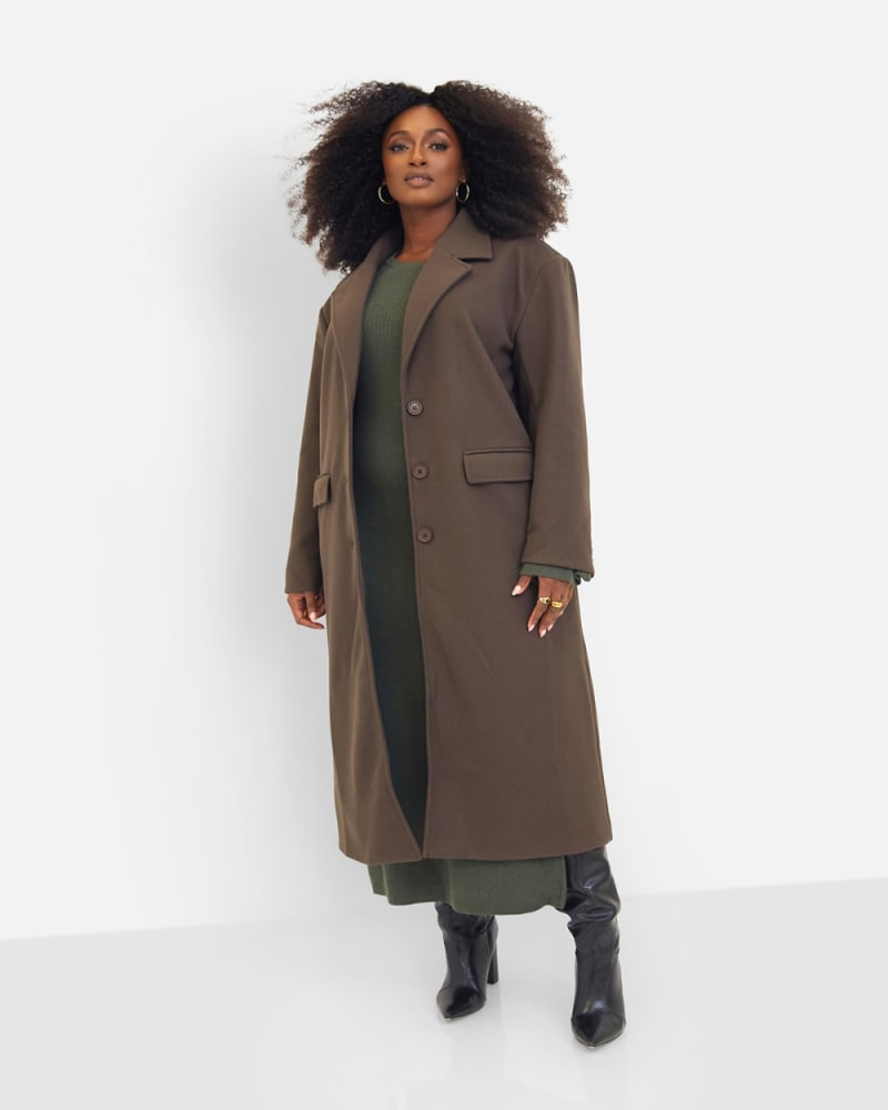 Front of a model wearing a size 3X Dolce Wool Blend Double Breasted Coat - Brown in Brown by Rebdolls. | dia_product_style_image_id:328501